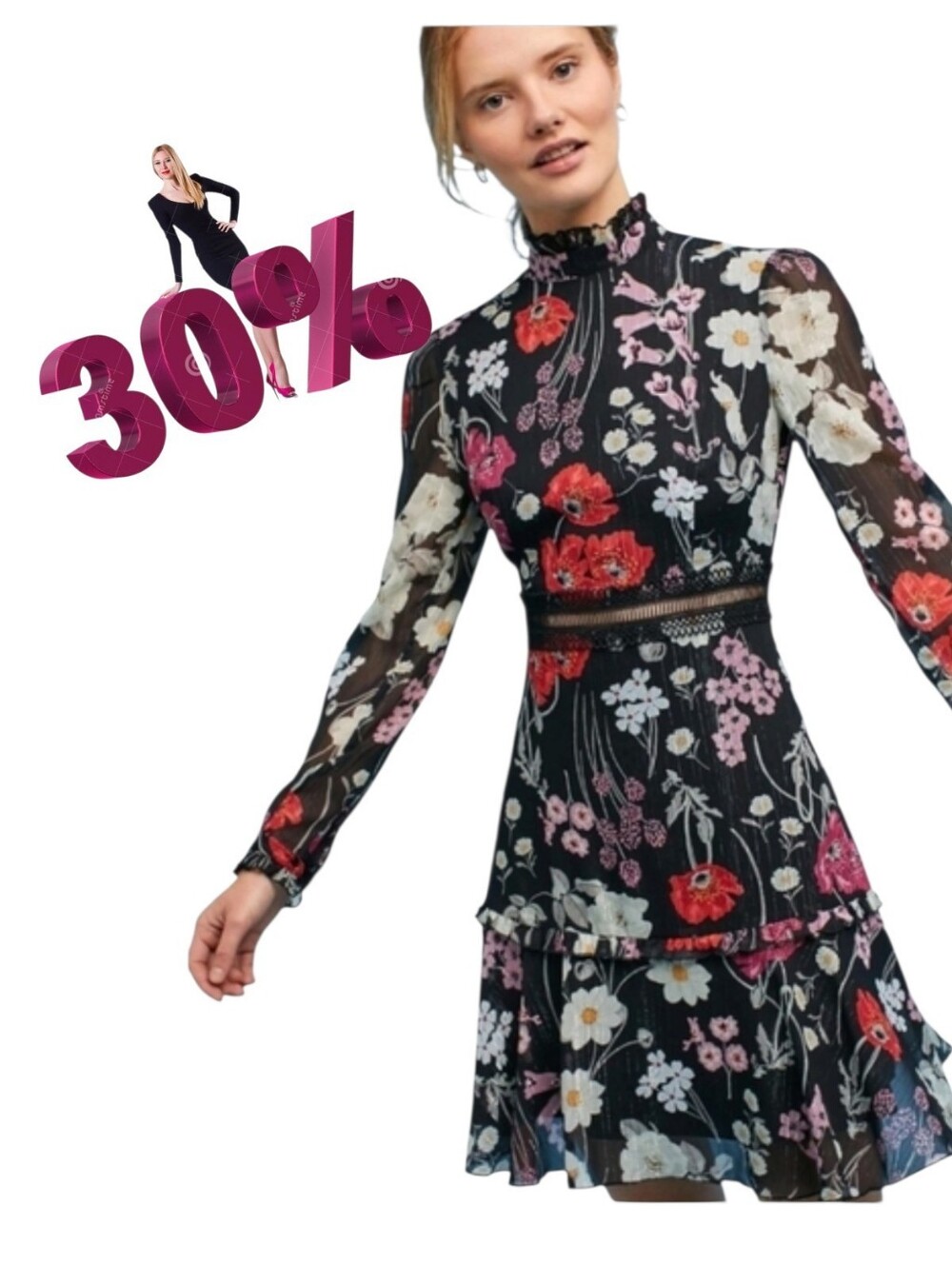 Donna Morgan Black Floral Print Chiffon Cocktail Dress sz 6